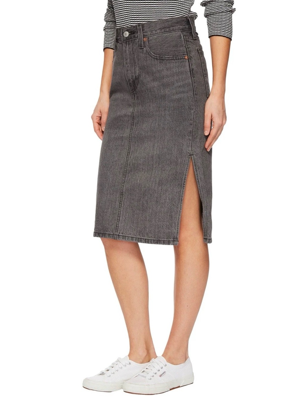 LEVIS Gray CHARCOAL Denim Midi Skirt with Side Slit 100% cotton